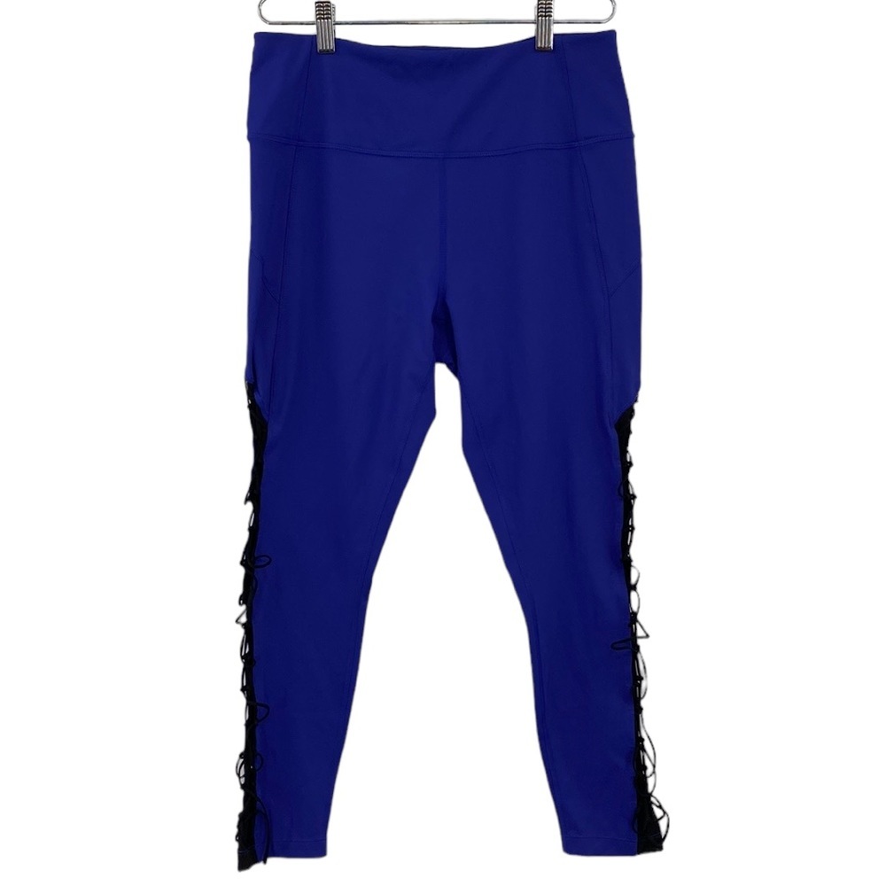 Core 10 Leggings Women Size Large Blue Black‎ High Rise Mesh Lace Stretch Yoga